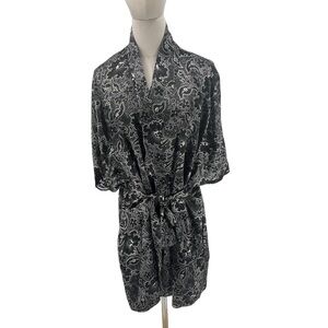Natori Black White Satin Kimono 3/4 Sleeve Floral Robe Size Large Women's